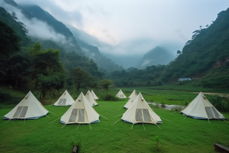 云雾缭绕高山上团建露营帐篷营地,高清,摄影图,摄影图片,图片大全,摄影图免费下载